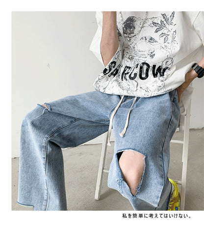 sanyamk Summer New Men Hole Jeans Burrs pants Elastic Waist Male High Street All-match Students Casual Straight Denim Pants