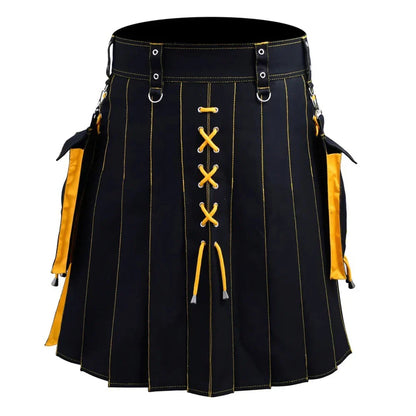 sanyamk Mens Pocket Tie Rope Scottish Skirt 2024 New Genderless Casual Fashion Medieval Retro Steampunk Contrast Color Skirt Unisex