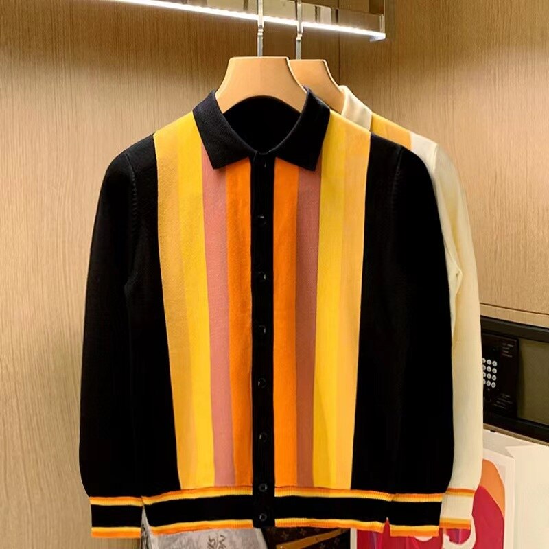 sanyamk Spring Autumn Knitting Polo Shirt Men Casual Turn-down Collar Button Fashion Color Stripe Slim Tops Ice Silk Knitting T-shirts