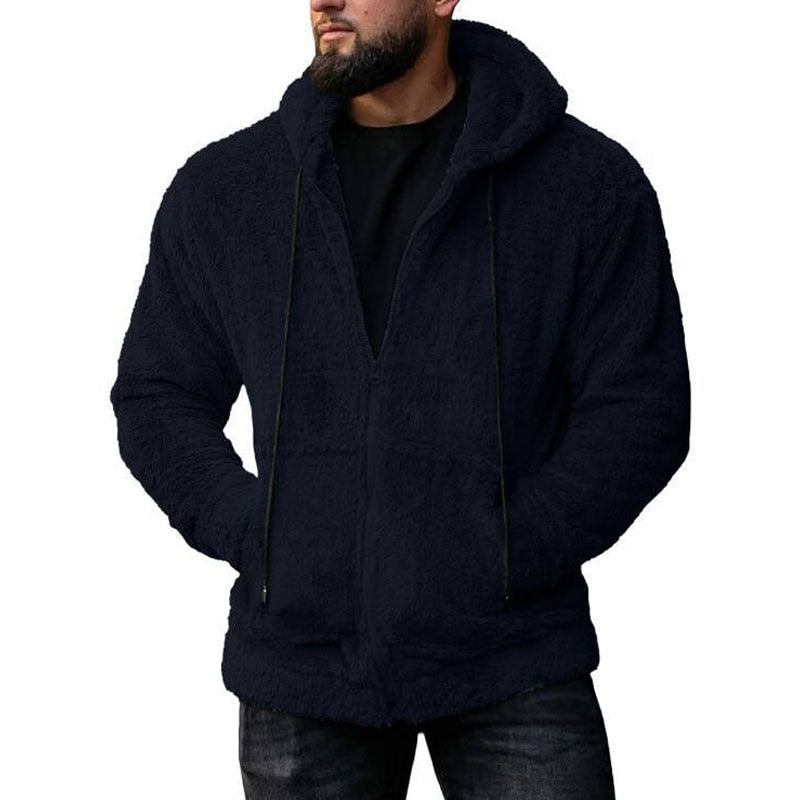 Bonsir Vintage Fleece Sweatshirt Jacket Men Fashion Loose Solid Zipper Hooded Wool Coats Fall Winter Men's Casual Long Sleeve Cardigan