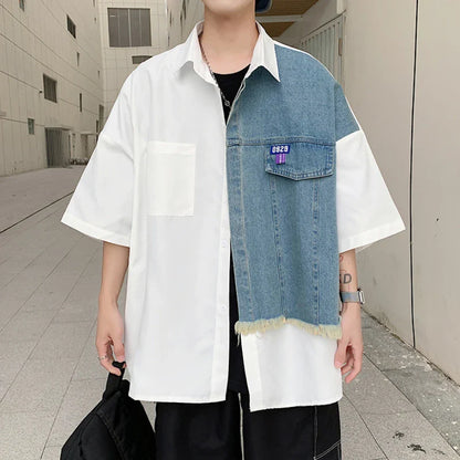 BONSIR   -  Summer Men Casual Shirt Fake Two Piece Denim Patchwork Lapel Short Sleeve Camisas Streetwear Button Leisure Men Clothing