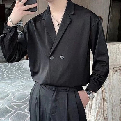 sanyamk Double-breasted Solid Shirts Square Collar Temperament Button Loose Fashionable Streetwear Men's Clothing Man Spring Summer Thin