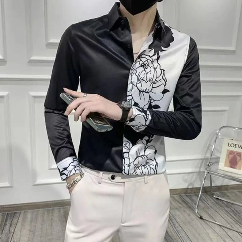 sanyamk Spring Autumn Korean Fashion Contrast Color Loose Casual Shirt Hombre Long Sleeve Printed Patchwork Blouse Male Buttons Tops Men