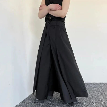 sanyamk Mens Japanese Dark Knight Style Skirt Pant Essential Couples Retro High-Waisted Double-Layer Wide-Leg Slit Casual Pants For Men