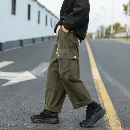 sanyamk  -  Casual Cargo Pants Men's Streetwear Vintage Trousers Hip-hop Overalls Fashion Loose Straight Wide Leg Pants Men