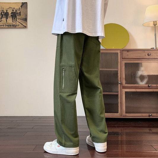 Bonsir Vintage Cargo Pants for Men Loose Casual Straight Trousers Black Gray Green Zipper Streetwear Hip Hop Korean Fashion