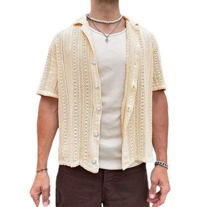 sanyamk Summer Mens Knitted Shirts Beach Casual Solid Color Short-sleeved Button Lapel Knit Cardigan Men Tops Knitting Embroidery Shirt