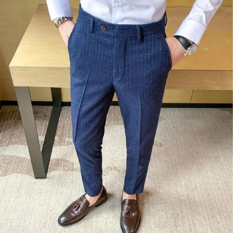 sanyamk Men's Spring Autumn New Fashion Business Casual stripe Suit Trousers Male Solid Color Straight Pants Men Loose Cotton Pants