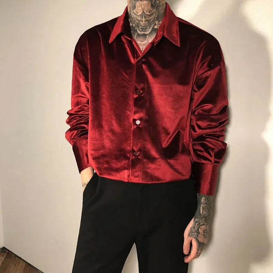 Bonsir Velvet Red Clothes For Mens Burgundy Velour Shirts Vintage Elegant Plush Blouse Black Party Blusa Masculina