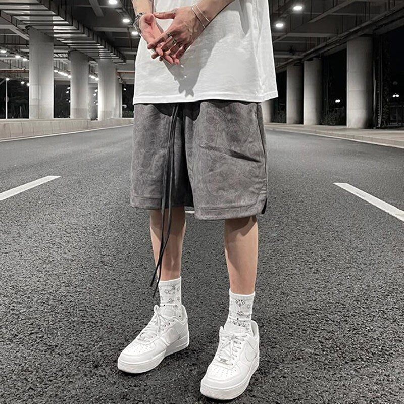 Bonsir Harajuku Suede Cashew Flower Print Men's Casual Drawstring Summer Shorts Retro High Street Oversized Wide Leg Five Point Pants