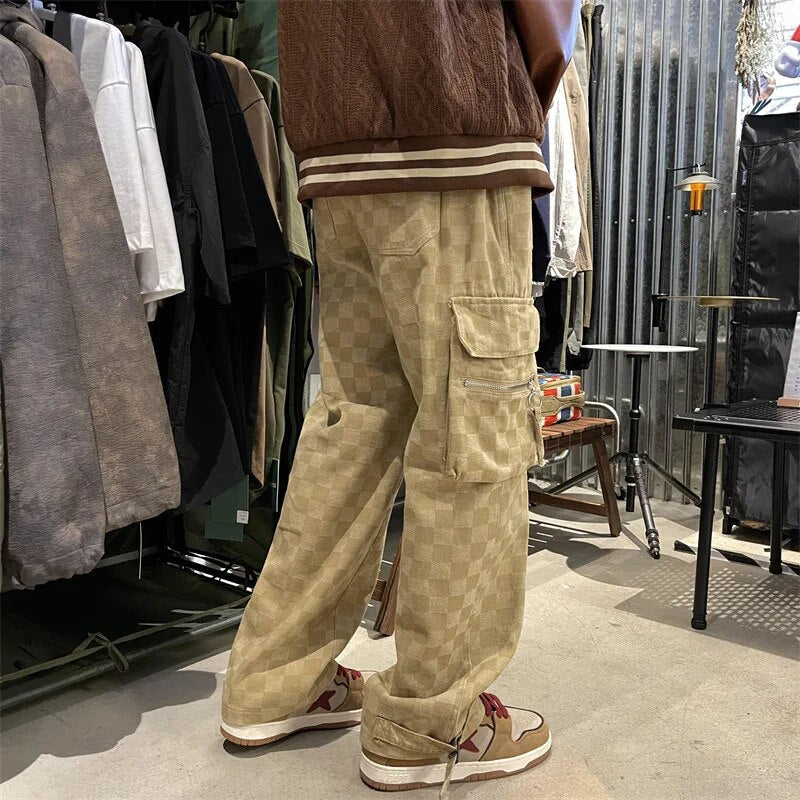 Bonsir Japanese Men's Chessboard Checker Jeans Fashion Street Hip Hop Loose Straight Wide Leg Pants Couple Outerwear Pants Red Black