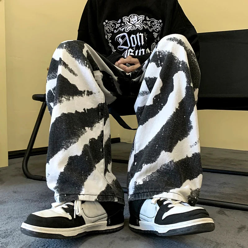 Bonsir Fashion Distressed Personalized Tie-dye Niche Jeans Men's Street Handsome Loose Straight Wide-leg Trousers Bottom Male Clothes