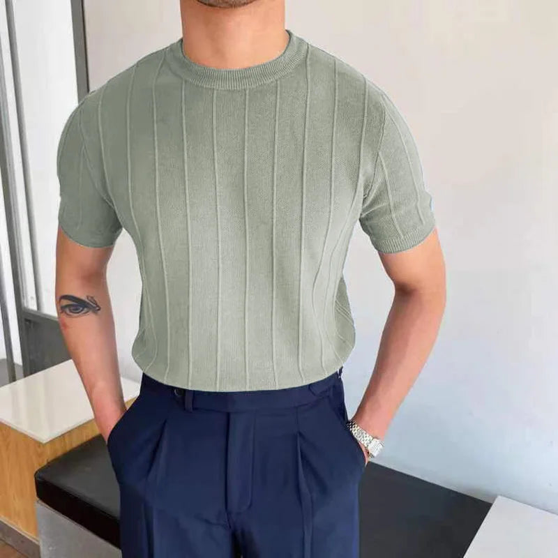 sanyamk 2024 Summer Men Knit Ice silk T shirts High Quality Solid Color Stripe Short sleeve O-neck Tee Tops Mens Thin Slim Fit T-Shirts