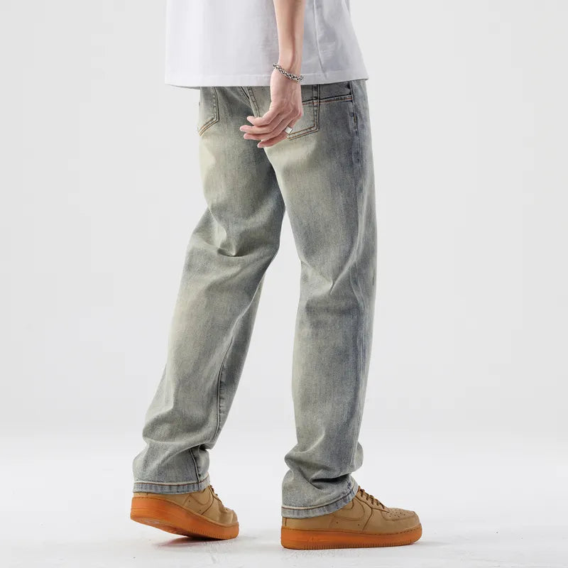 sanyamk New Vintage Aged Wash Loose Jeans Men's Straight Nostalgic Blue Pants Trend for Spring and Summer