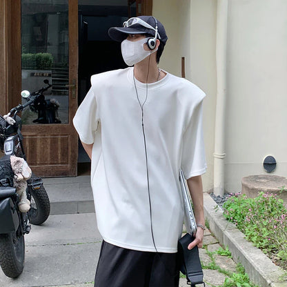 sanyamk Summer Short Sleeved T-shirt Men Fashion White Casual T Shirt Men Streetwear Hip-hop Loose Shoulder Pad T Shirt Mens Top M-2XL