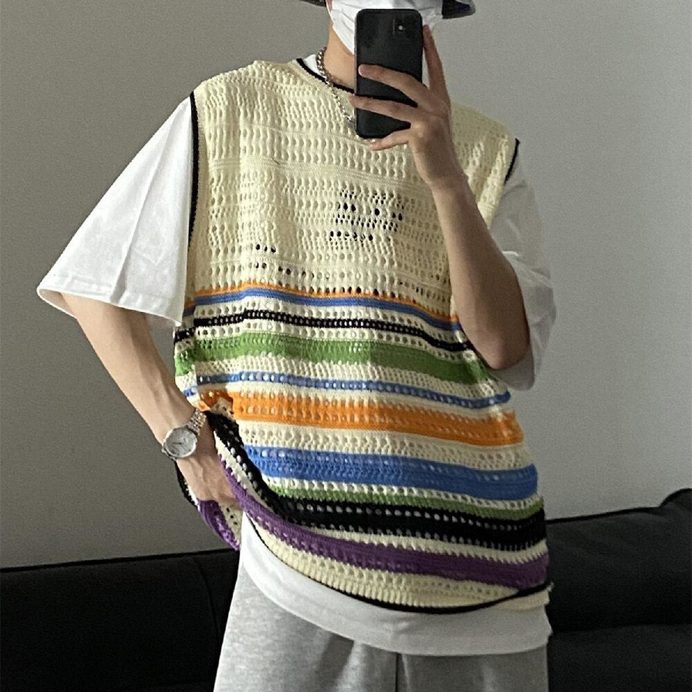 sanyamk New Trendy Mesh Tank Tops Men Stripe Vests Loose Knitted Hollow Out Top Male Casual Sleeveless O Neck Tee Y2k Streetwear Neutral