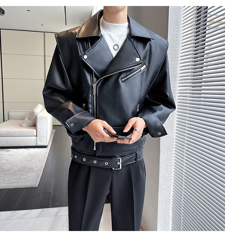 Bonsir men's wide shoulder motorcycle leather jacket male streetwear fashion rock punk loose causal leather coat outerwear