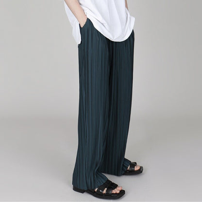 Bonsir Men Clothing Spring Autumn Ice Silk Pleated Wide Leg Pants Elastic Waist Causal Loose Straight Trousers For Male