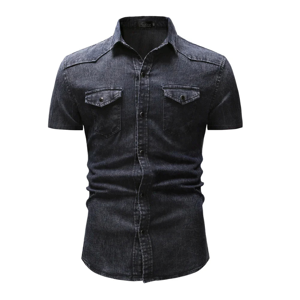 sanyamk Summer New Simple Men Denim Shirt Casual Business Mens Short Sleeve Shirts Fashion Polo Collar Male Tops