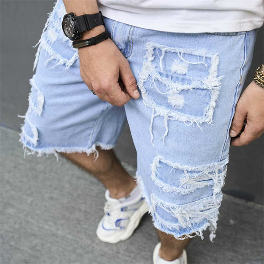 sanyamk Spring Summer Men Vintage Jean Shorts Streetwear Ripped Design Loose Solid Denim Straight Shorts Mens Leisure Jeans Short Pant