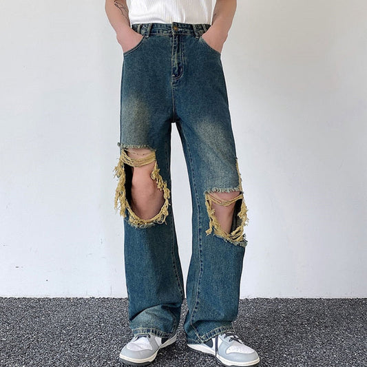 Bonsir Summer Men's Worn Out Jeans Vintage Distressed Hole Wide Leg Denim Straight Pants Korean Personality Casual Srteet