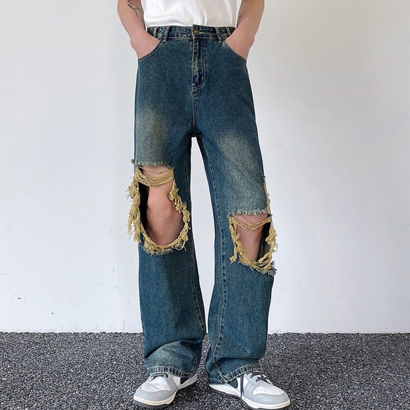 sanyamk Summer Men's Worn Out Jeans Vintage Distressed Hole Wide Leg Denim Straight Pants Korean Personality Casual Srteet