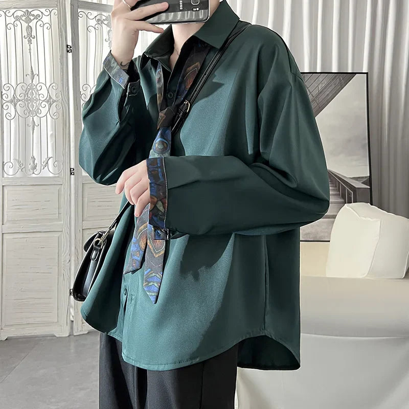 Bonsir Korean Fashion Stylish Long Sleeve Blouses Men Streetwear All-match Handsome Teens Shirt Autumn New Retro Oversize Shirts