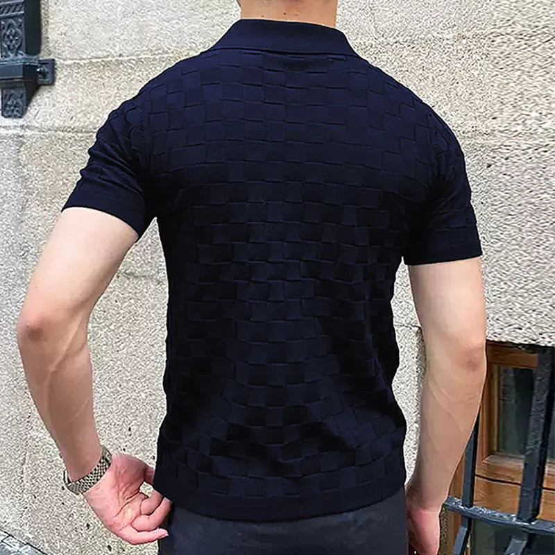 sanyamk Vintage Plaid Jacquard Knitted Polo T Shirts Men Summer Casual Breathable Thin Knit Tops Mens Knitwear Fashion Slim Polo Shirts