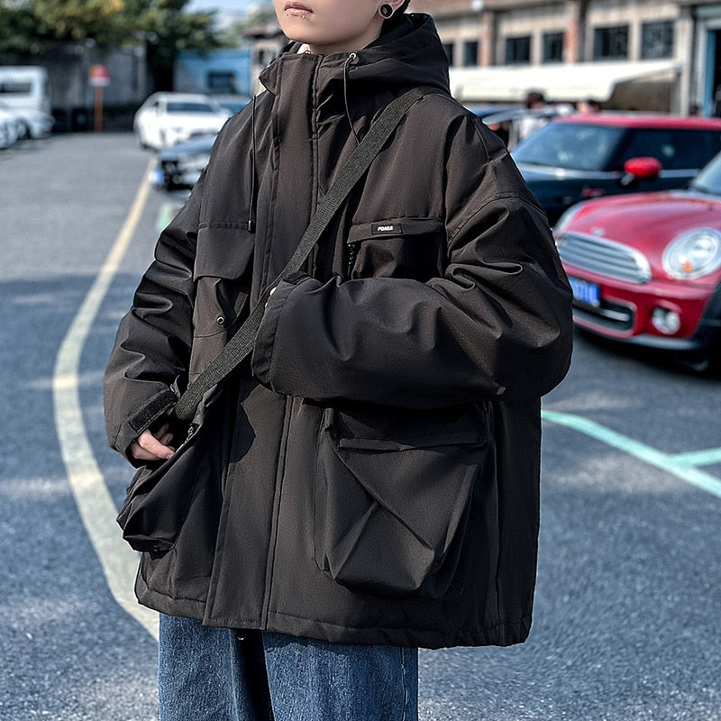 Bonsir Winter Jacket Men Warm Fashion Pocket Thickened Hooded Jacket Men Streetwear Korean Loose Thick Short Coat Mens Parker Clothes