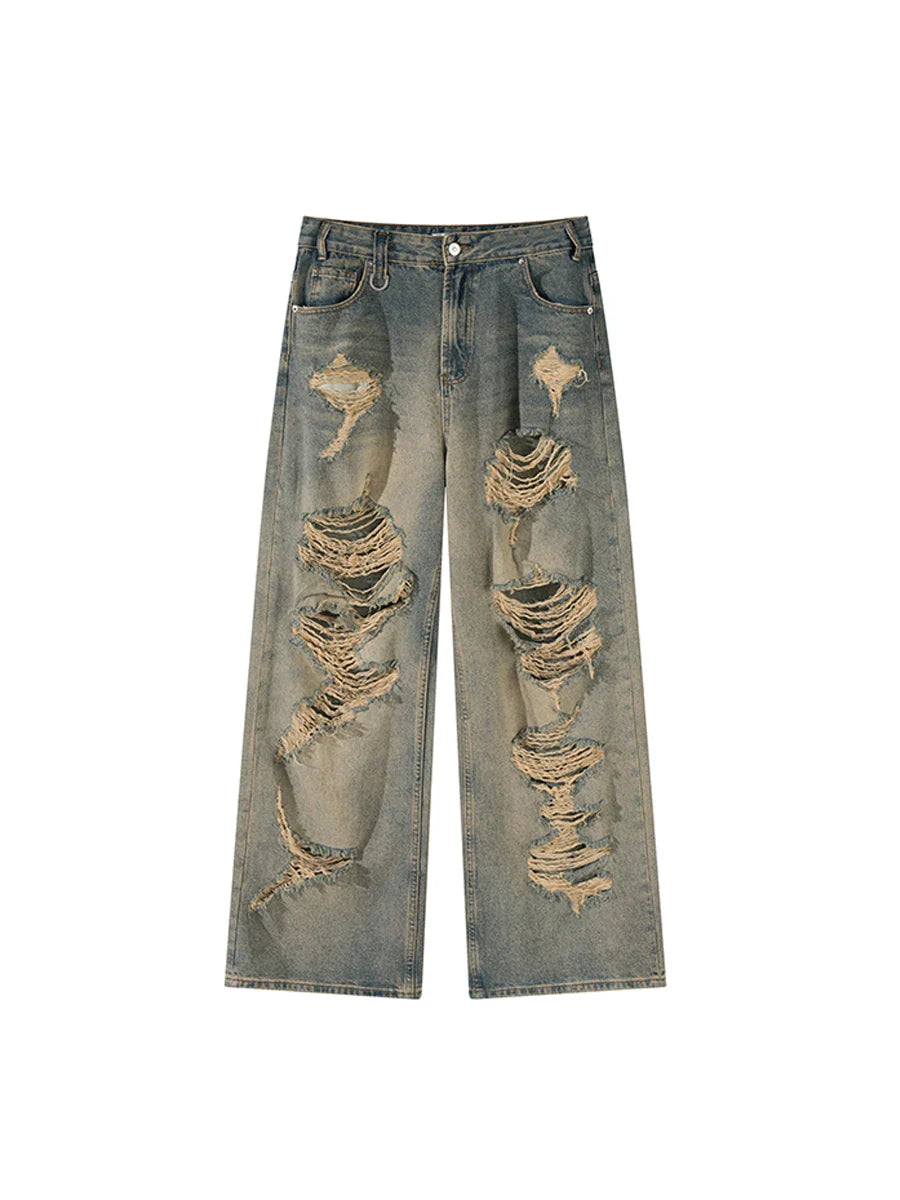 sanyamk Old and Worn Hole Jeans, High Street, Wasteland Style, Small Crowd Vibe, Beggar, Floor Sweeping Long Pants, blusa masculina