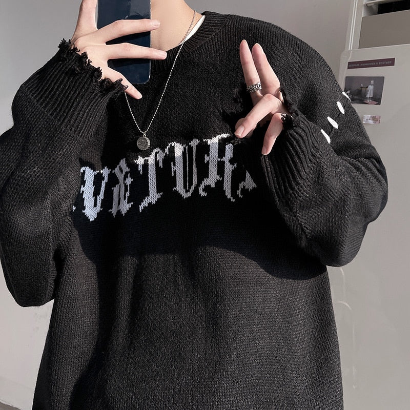 Bonsir High Street Ripped Men's Sweater Loose Fashion Brand Unisex Knitted Pullovers Round Neck Letter Autumn Knitwear