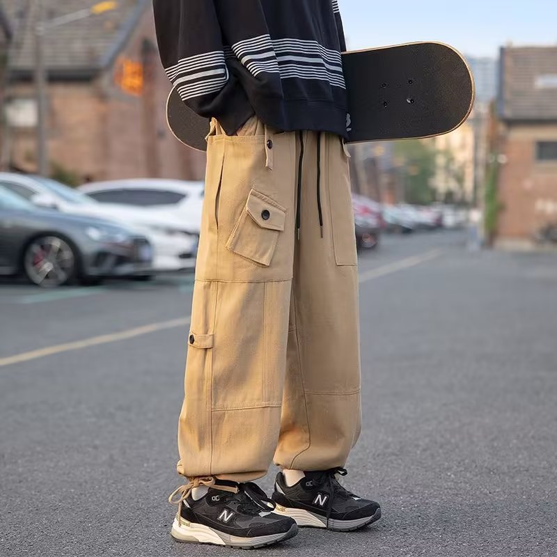 Bonsir Cargo Pants Loose Straight Trousers Streetwear Overalls Pocket Drawstring Sweatpants Mens Casual Joggers Fashion Baggy