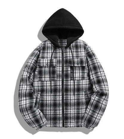 Bonsir Men's Autumn Winter Plaid Shirt Outwear Hood Mens Cashmere Thicken Shirt zipper Hoodies Jacket Men