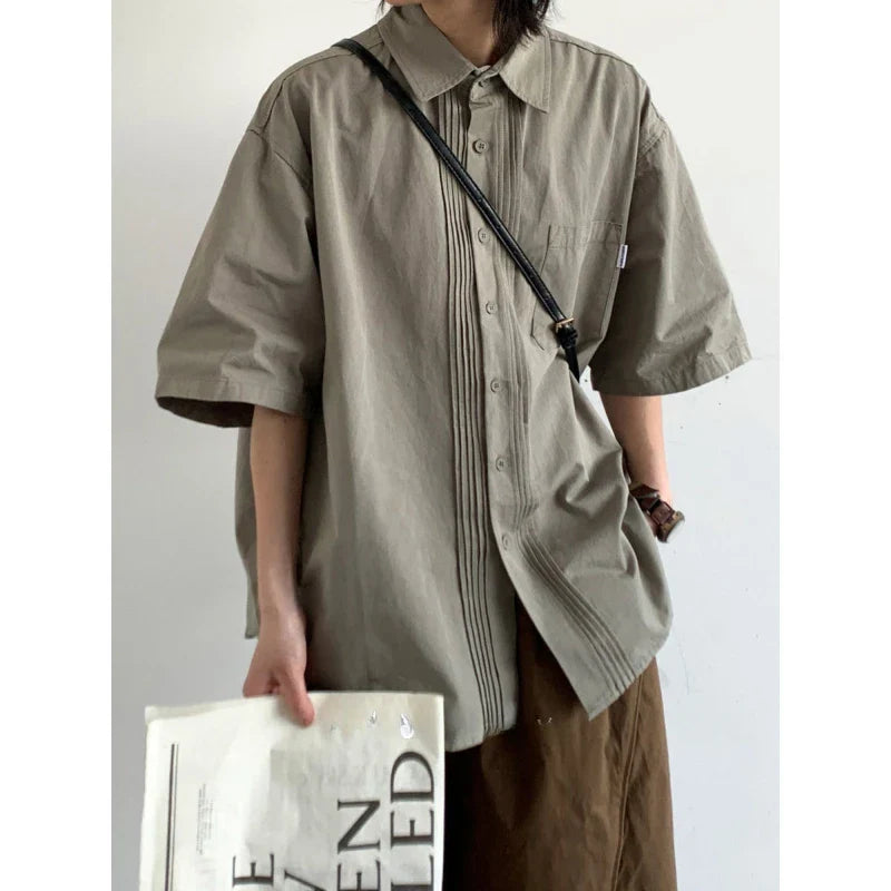 sanyamk 2024 Summer College Casual Set Mens New Simplicity Solid Short Sleeved Shirt+Wide Leg Shorts Suit Japanese Harajuku 2-pcs