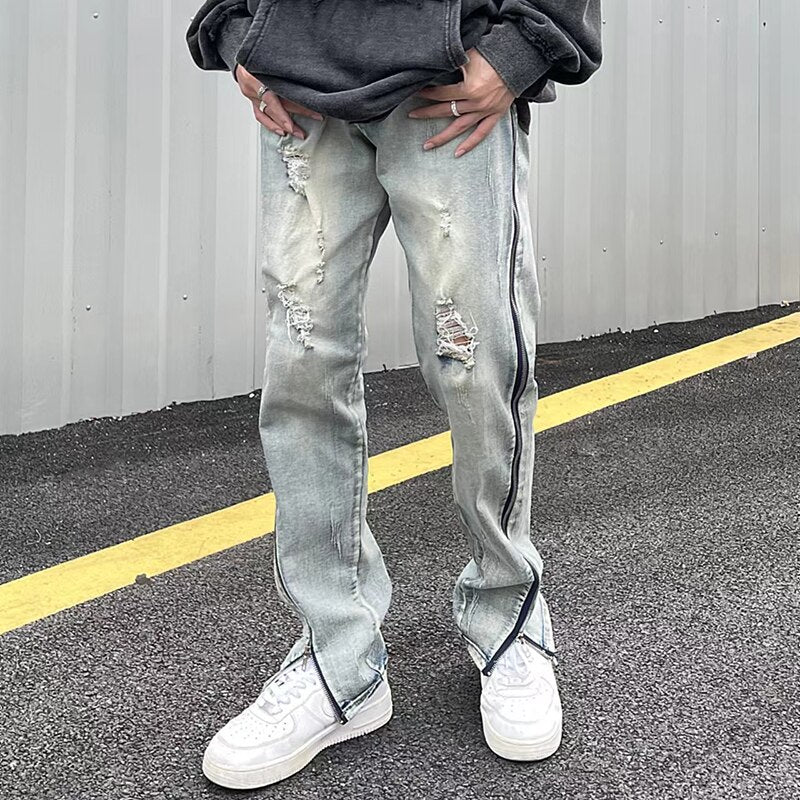 sanyamk Retro Ripped Side Long Zipper Hole Washed Jeans Pants for Male and Female Straight Hip Hop Baggy Denim Trousers Oversized