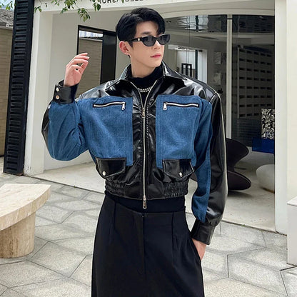 sanyamk 2024 Spring New Fashion Denim Leather Splicing Design Elegant Short Jacket Men's High Quality Korean Handsome Coat