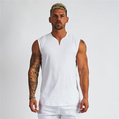 sanyamk Summer Plain Cotton Fitness Mens Gym Tank Top Curved Hem V neck Gym Stringer Vest Bodybuilding Clothing Muscle Sleeveless Shirt