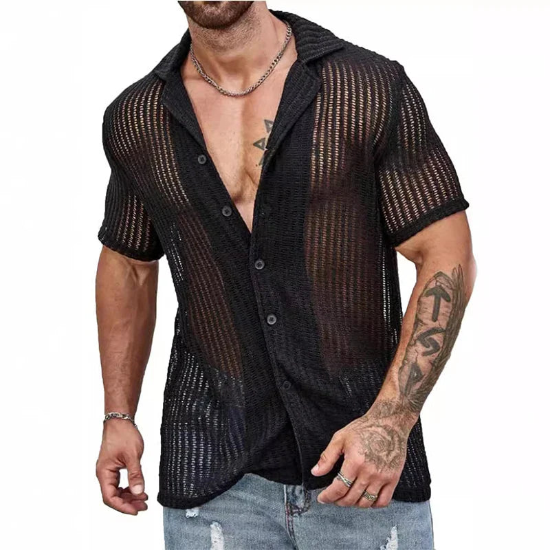 sanyamk Sexy Hollow Out Breathable Knitted Shirt Men Summer Beach See Through Casual Shirts Mens Short Sleeve Button Solid Color Shirts