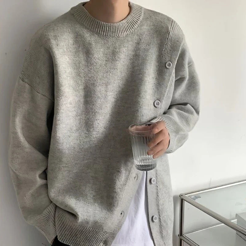 Bonsir Winter Solid O-neck Buttoned Slit Sweaters Couples Loose Casual High Street Pullovers Men Knitted Tops Male Clothes