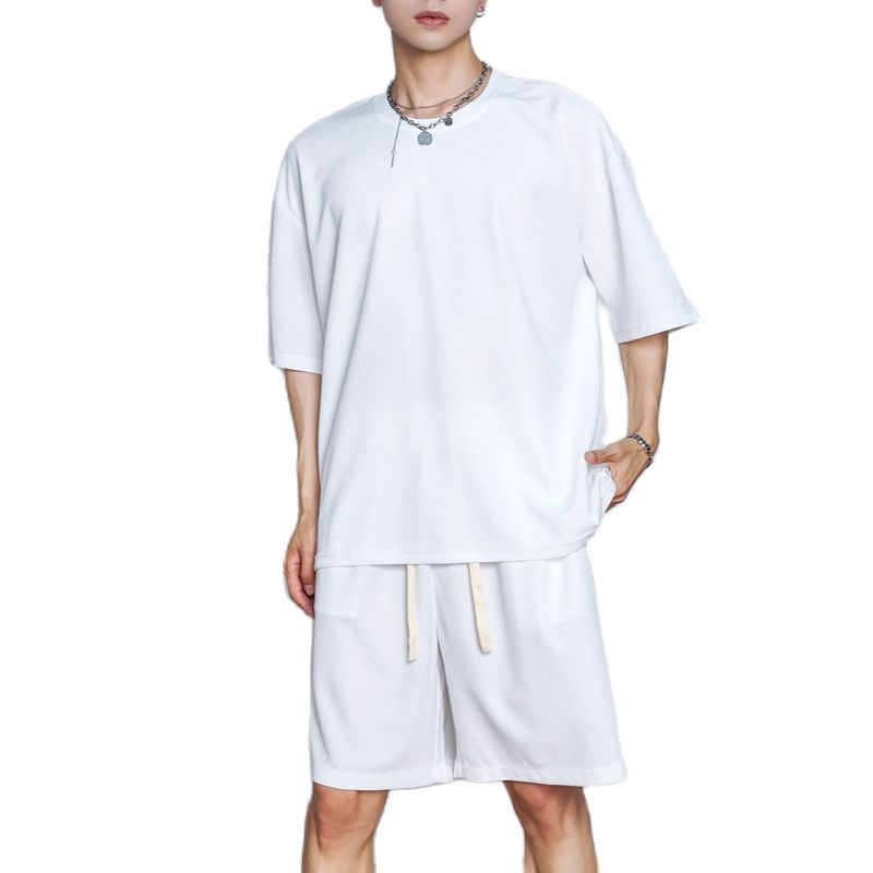 sanyamk Waffle Two Piece Set Men Short Sleeve O-neck T shirts And Shorts Casual Sports Suits 2023 Summer Fashion Mens Tracksuit  Outfits