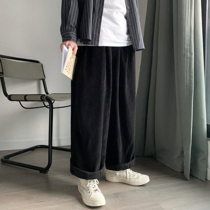 Bonsir Loose Corduroy Pants Men Solid Black Khaki Sweatpants Wide Leg Trousers Male Casual Streetwear Japanese Style Spring