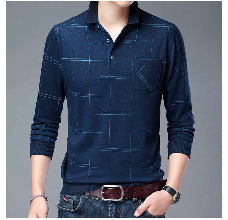 sanyamk 2022 New Fashion Designer Brand Turn Down Collar Man Polo Shirt Men Casual Plaid Spandex Long Sleeve Tops Fall Men Clothing