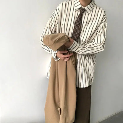 sanyamk Men Vintage Set Spring Autumn Couple Casual Suits New Stripe Loose Long Sleeve Shirt+High Street Wide Leg Pants Two Piece Set