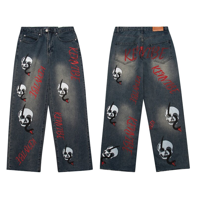 Bonsir Vibe Style Skull Letter Print Punk Men Baggy Jeans Pants Y2K Hombre Straight Loose Hip Hop Denim Trousers Pantalon Homme