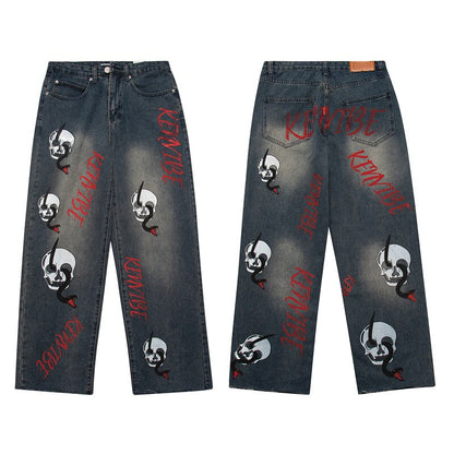 Bonsir Vibe Style Skull Letter Print Punk Men Baggy Jeans Pants Y2K Hombre Straight Loose Hip Hop Denim Trousers Pantalon Homme