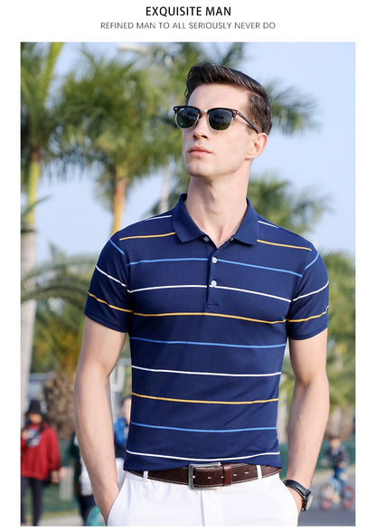 sanyamk Top Grade New Summer Brand Mens Striped Turn Down Collar Polo Shirts With Short Sleeve Casual Tops Fashions Men's Clothing