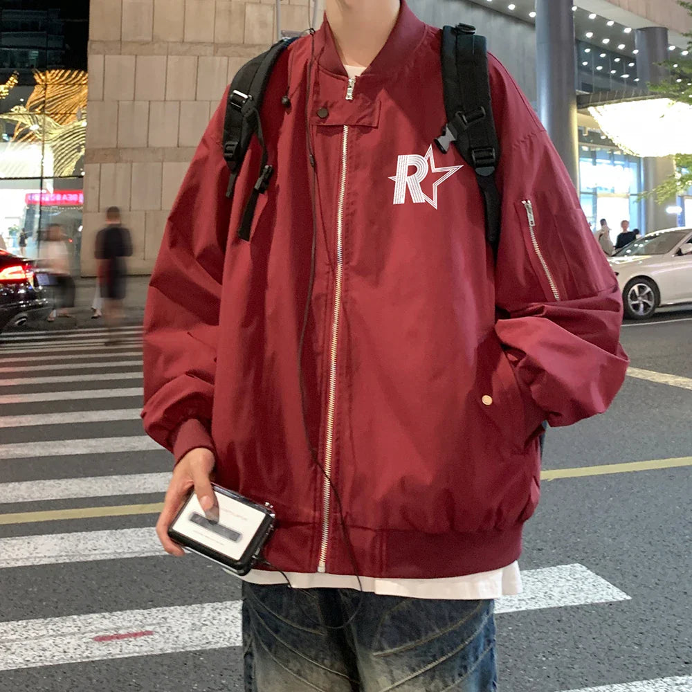 Bonsir American dark red jacket, men's spring and autumn hiphop trendy pilot jacket, pentagram baseball jacket mens clothing fall