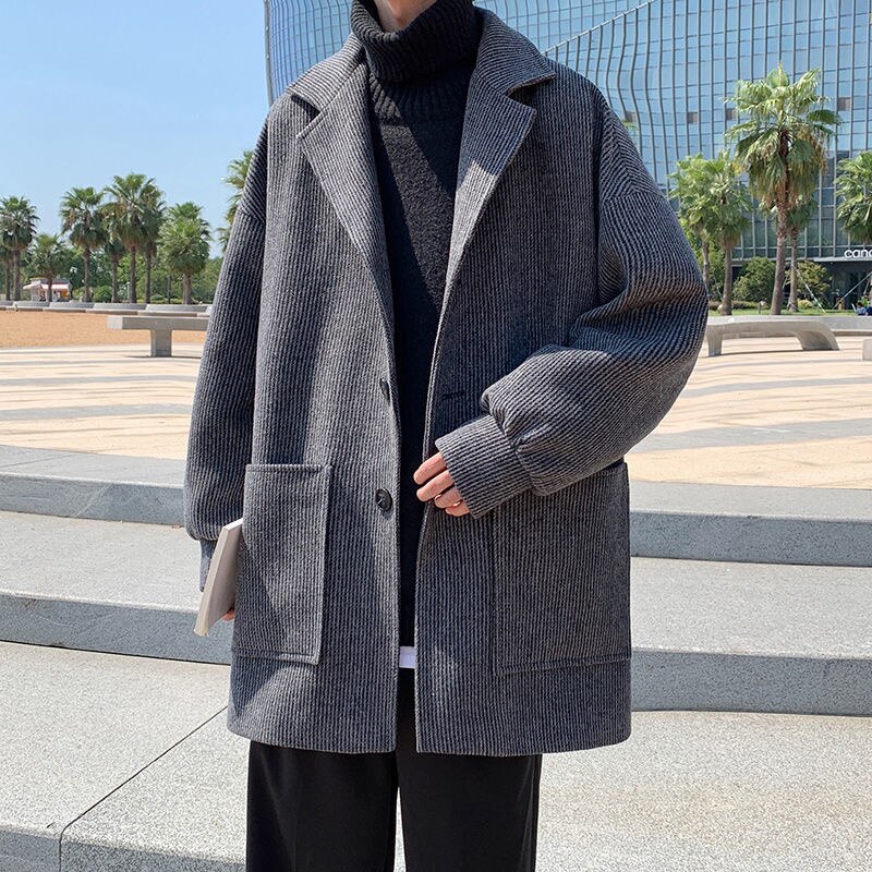 Bonsir Autumn Winter Woolen Coat Men Warm Fashion Casual Short Woolen Coat Men Korean Loose Oversized Woolen Jacket Mens Overcoat M-3XL