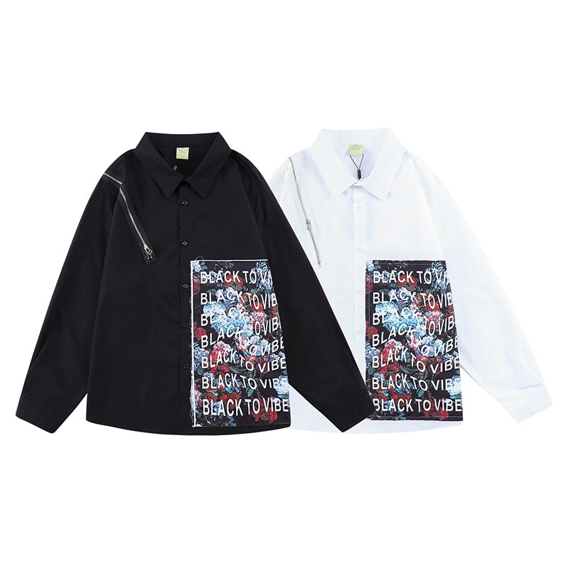 sanyamk Harajuku Zipper Decorate White Black Long Sleeve Men's Autumn Shirts Retro Streetwear Spliced Oversized Loose Couple Tops