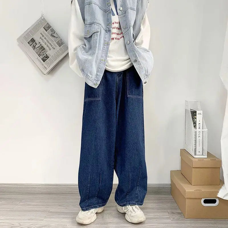 sanyamk Spring Autumn New Solid Color Cowboy Straight Pants Man Japanese Style Loose Fashion Hip Hop Personality Wide Leg Trousers